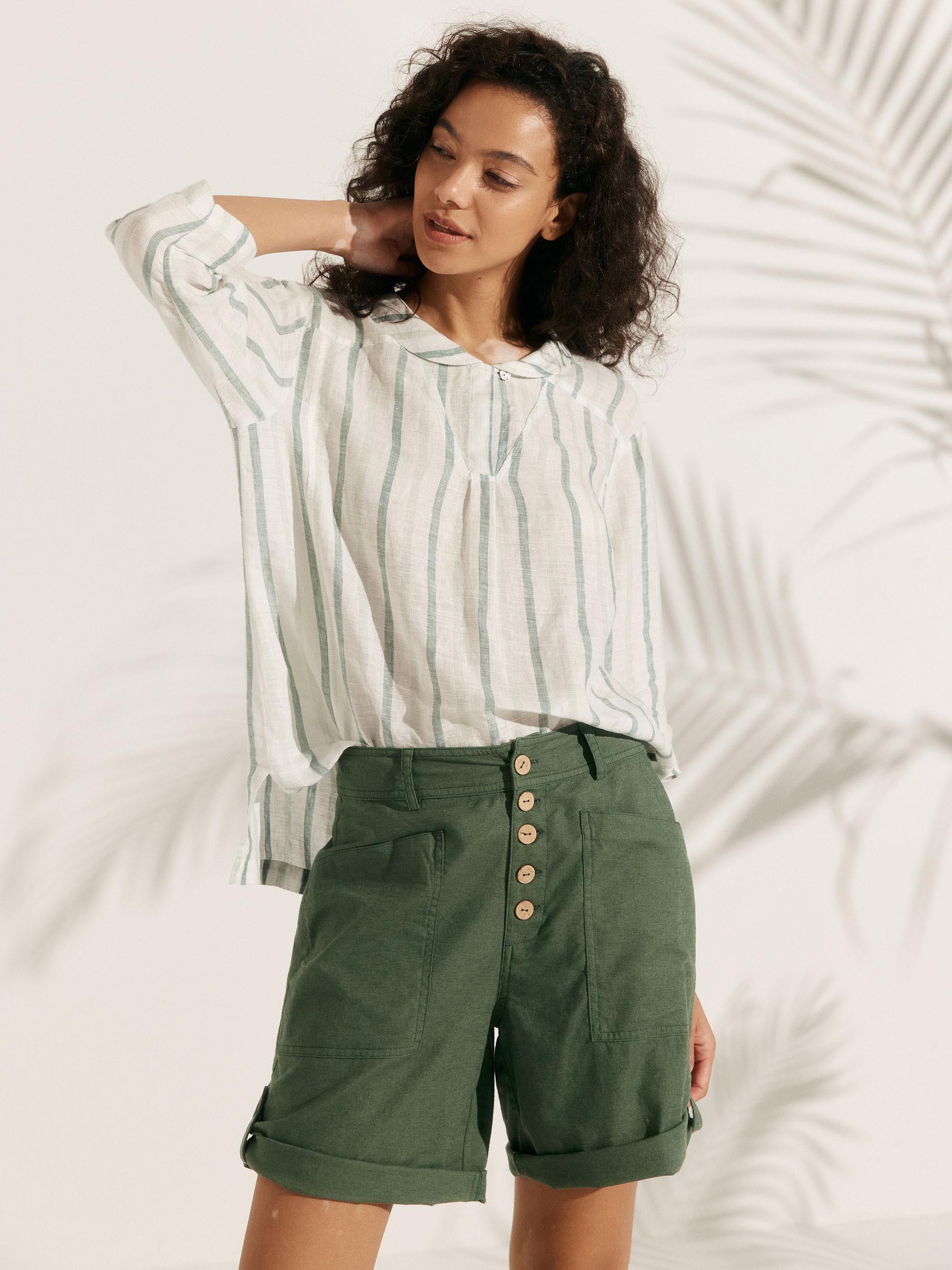 100% Linen Stripe Shawl V-Neck Half Sleeve Top JADE