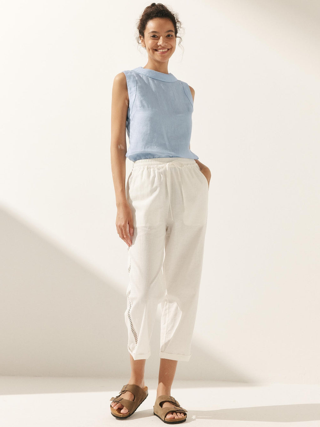 100% Linen Draped Collar Tank Top