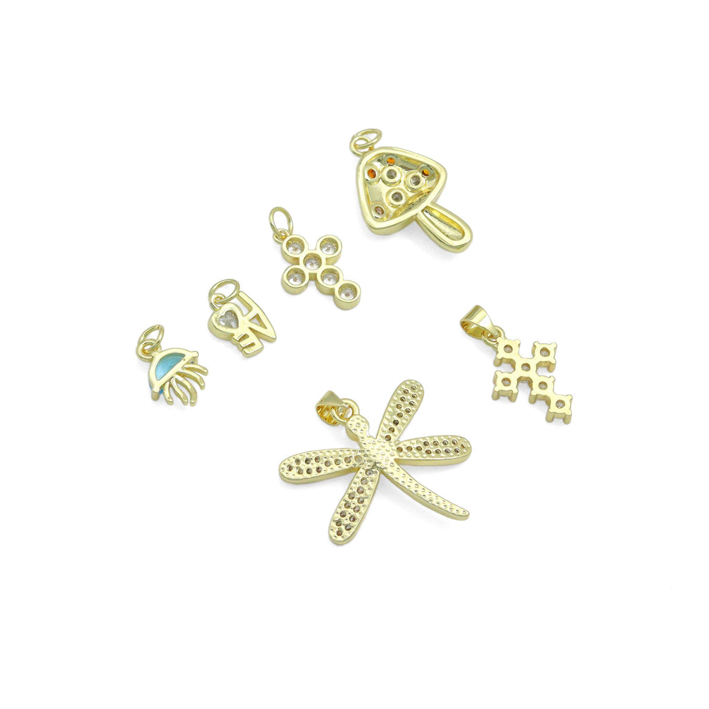 CZ Gold Love Cross Mushroom Jellyfish Dragonfly Charm Pendant,Sku#LD748