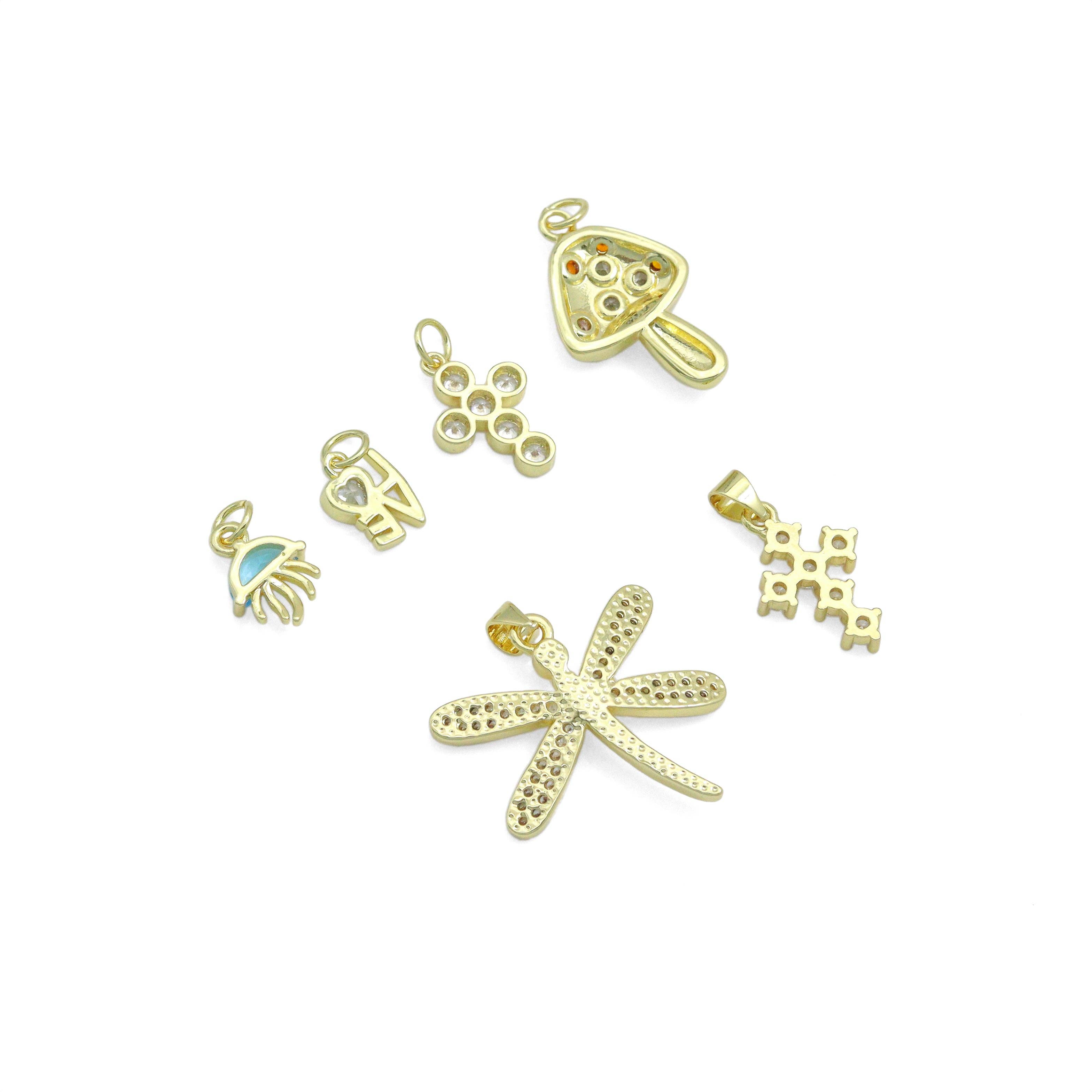 CZ Gold Love Cross Mushroom Jellyfish Dragonfly Charm Pendant,Sku#LD748