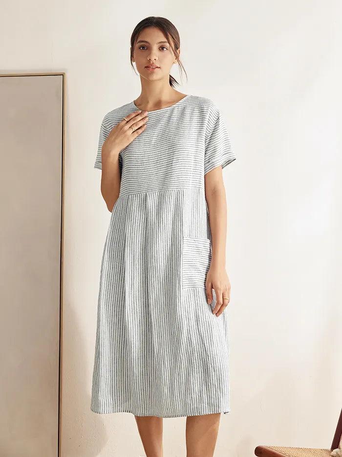100% Linen Pinstripe Paneled Short-Sleeved Dress MORGAN