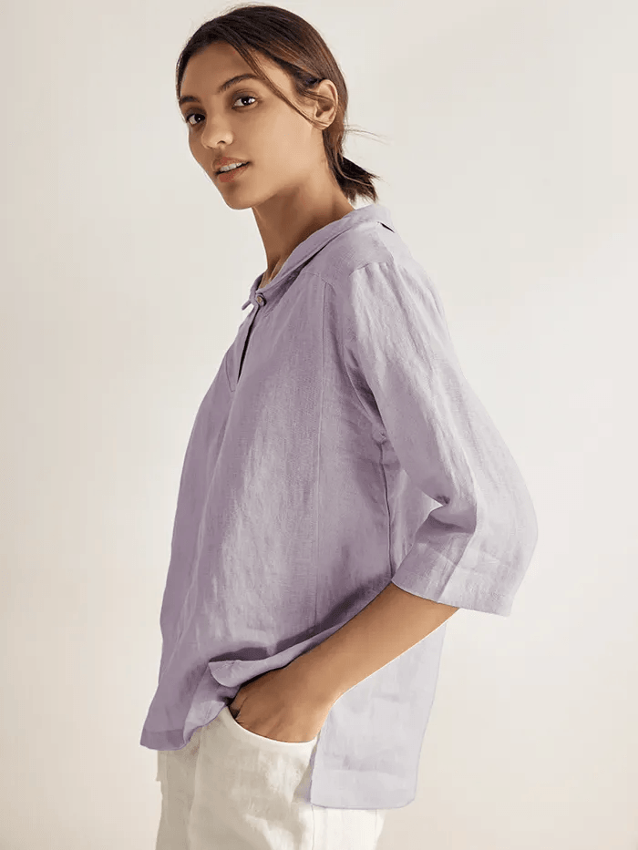 100% Linen Stripe Shawl V-Neck Half Sleeve Top JADE