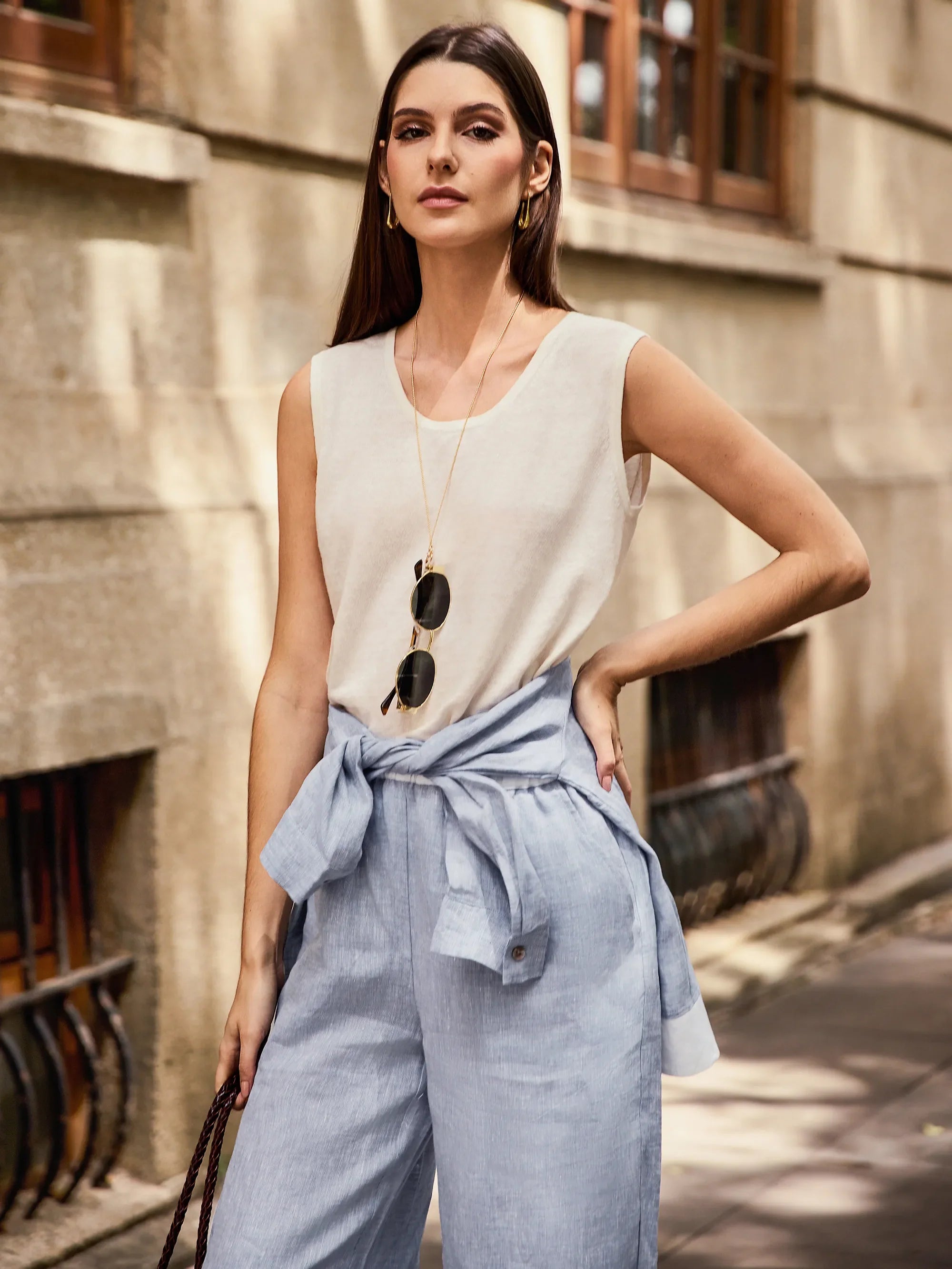 100% Linen Elastic Waist Straight-Leg Trousers JOURDAN