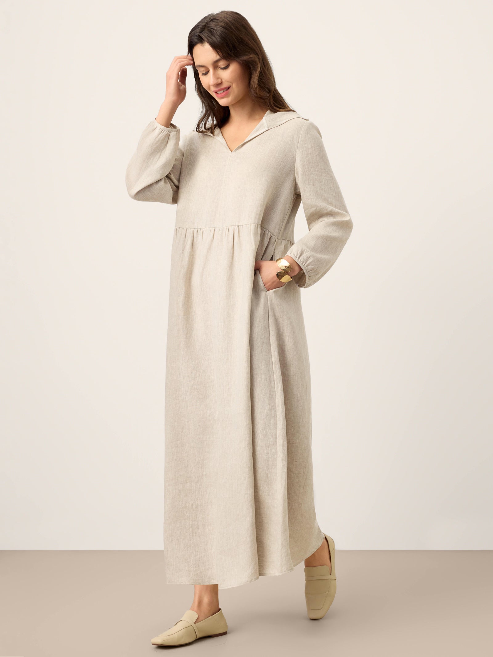 100% Linen Sculpted-Hood Caftan Maxi Dress LINETTE