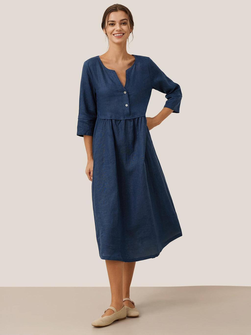 100% Linen Loose Fit Button Waist Gathered Maxi Dress LUNA