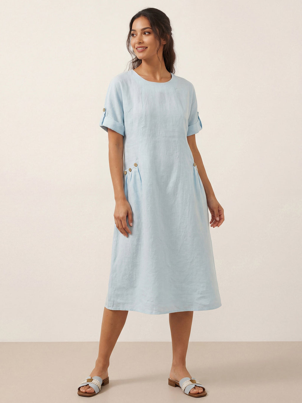 100% Linen Vintage A-Line Button Detail Maxi Dress AMIN
