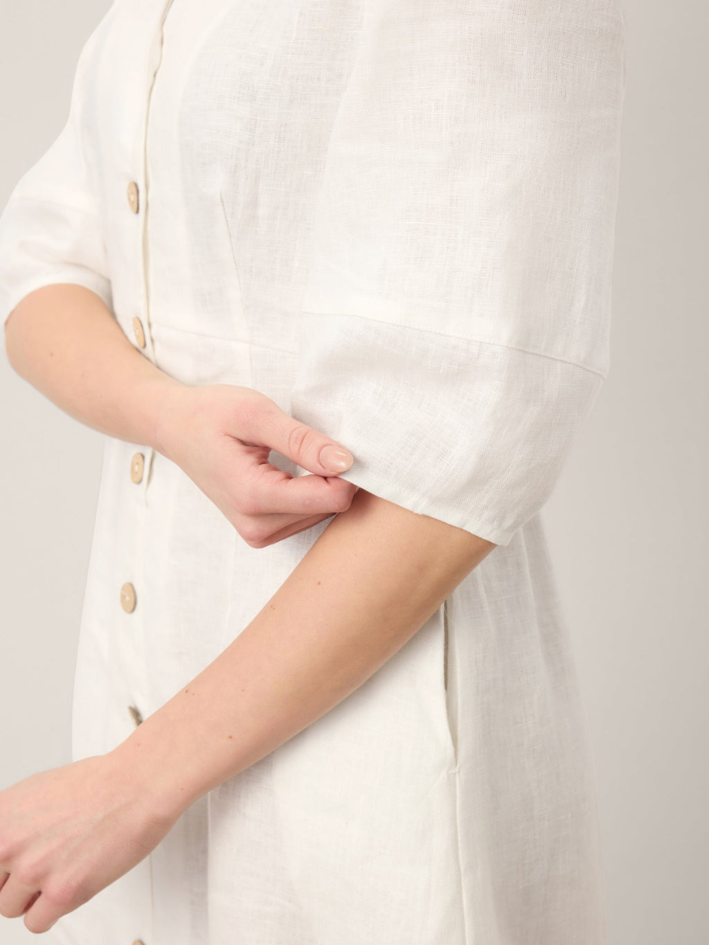 100% Linen Button-Front Lantern Sleeve Elasticated Waist Midi Dress LINNEA