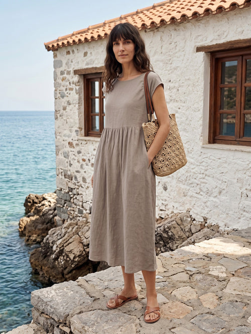 100% Linen Cap Sleeve Washed Maxi Dress JOAN