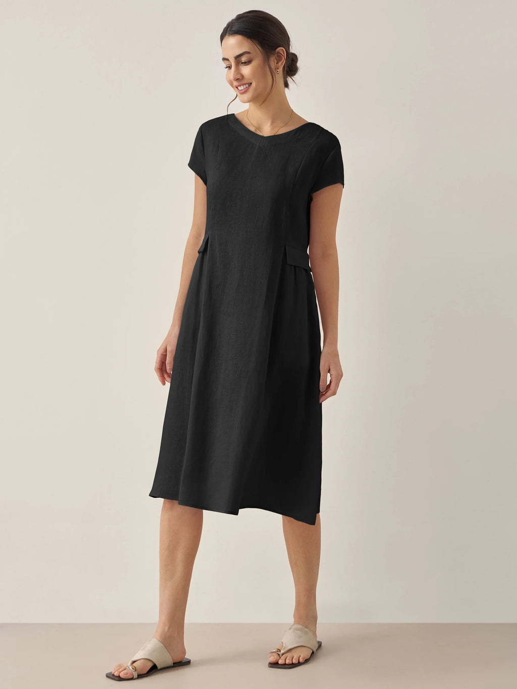 100% Linen Natural Summer V-Neck Dress ALEXA