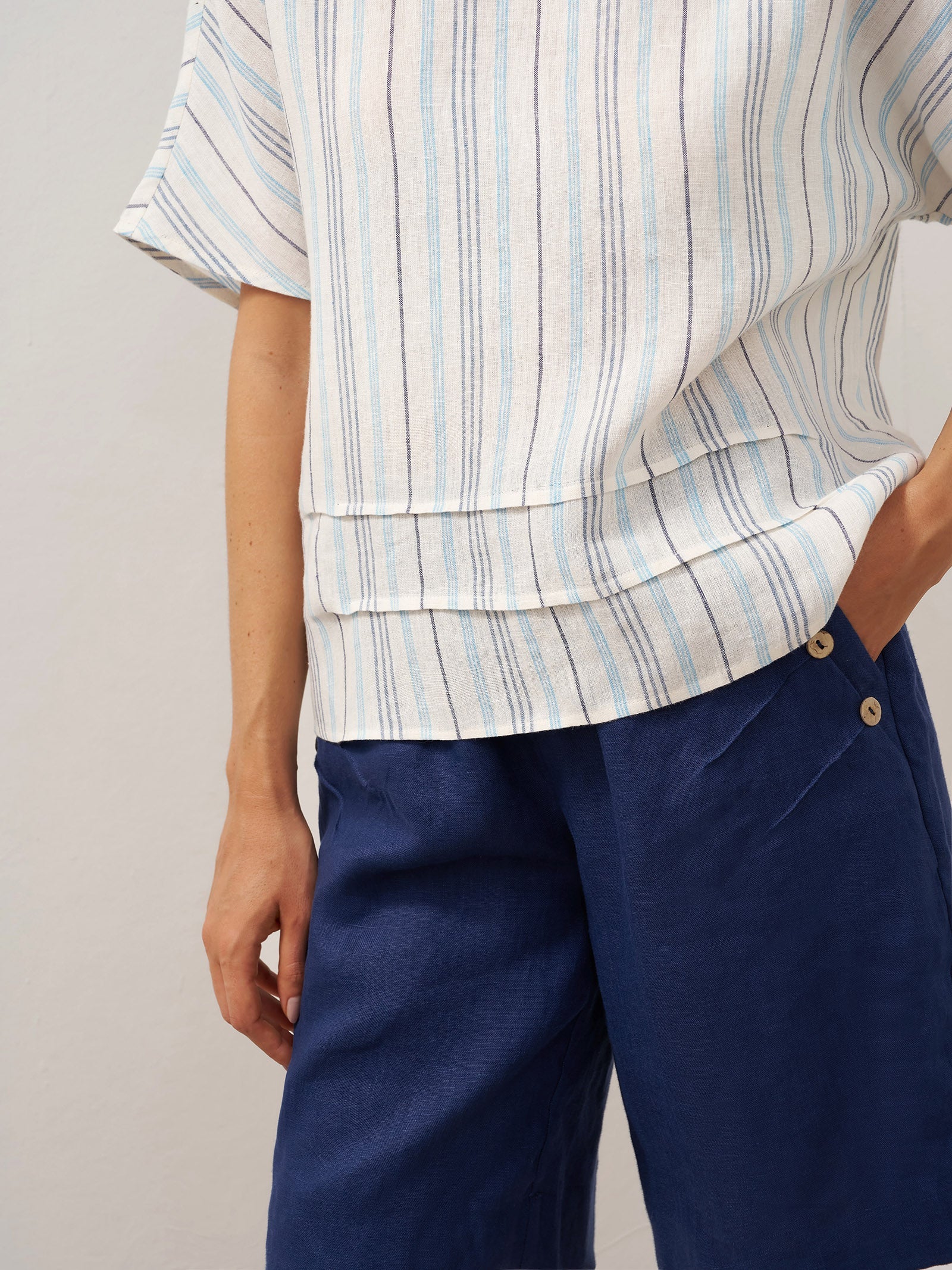 100% Linen Pleated Striped Pullover Top VIA