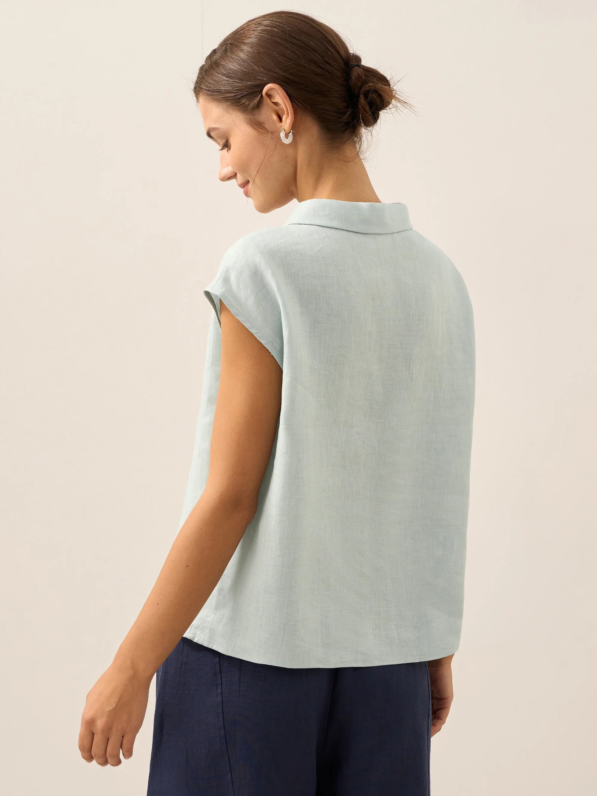 100% Linen Shawl V-Neck Cap Sleeves Top ELARA