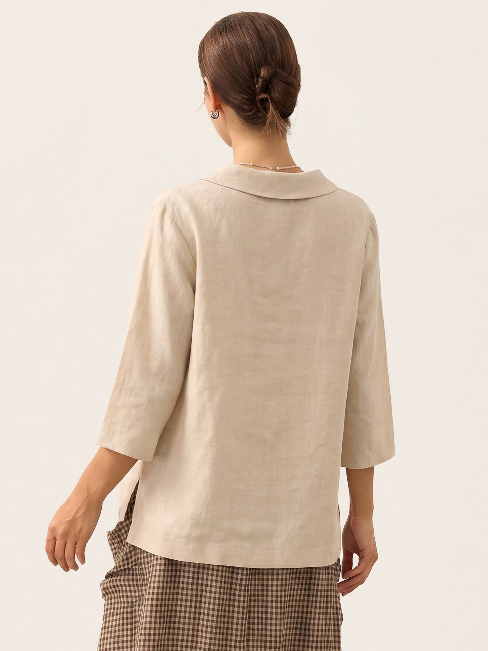 100% Linen Shawl V-Neck Half Sleeve Top JADE