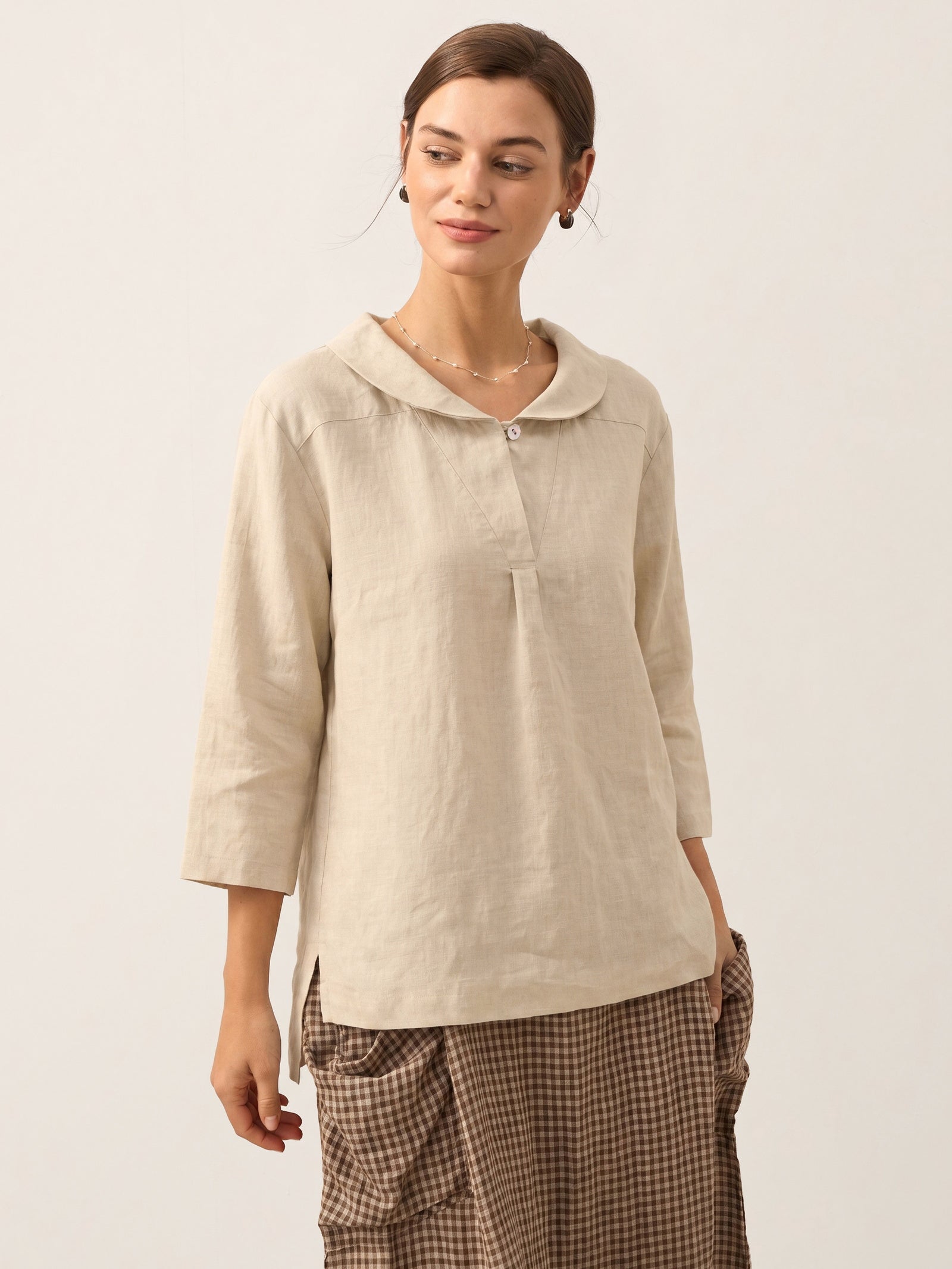 100% Linen Shawl V-Neck Half Sleeve Top JADE