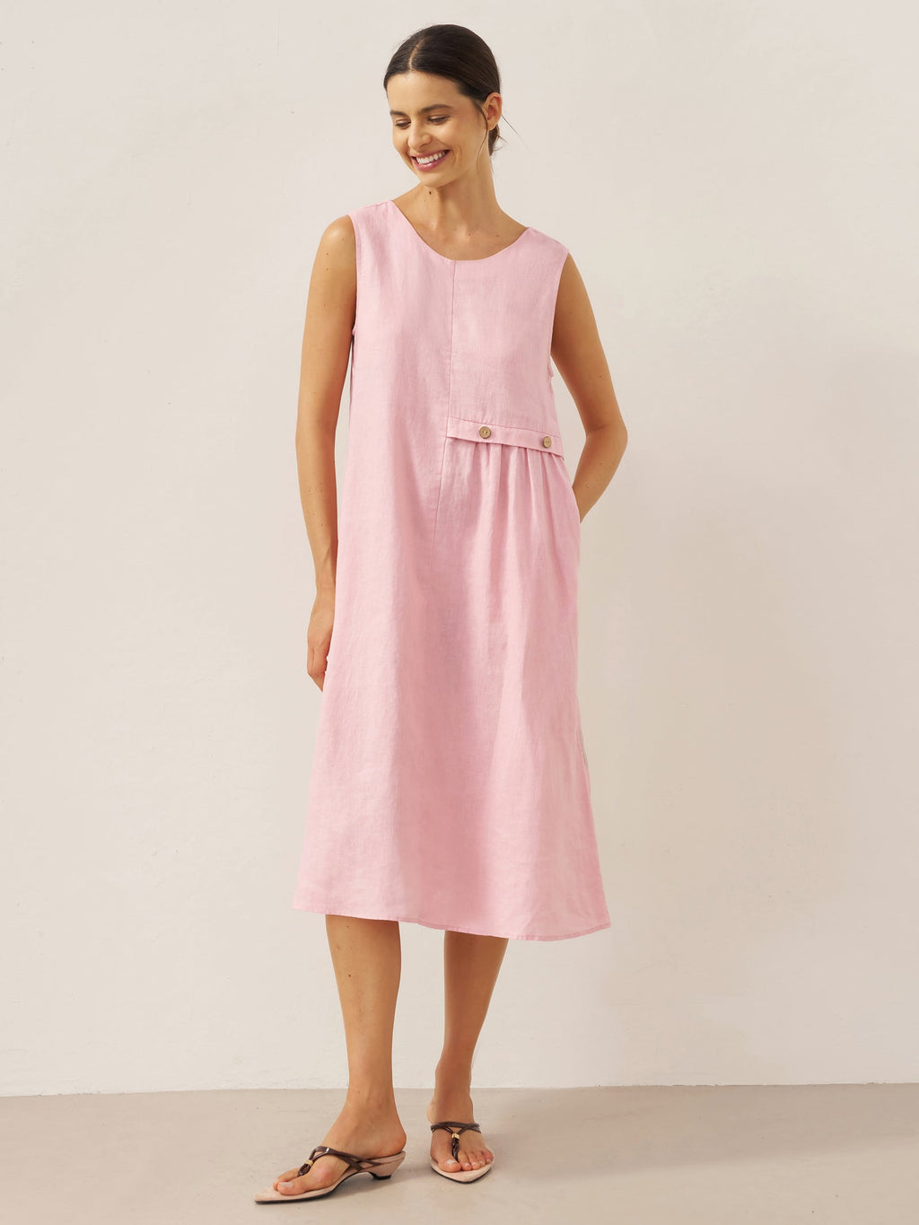 100% Linen Sleeveless Accordion Pleat Midi Dress TINA