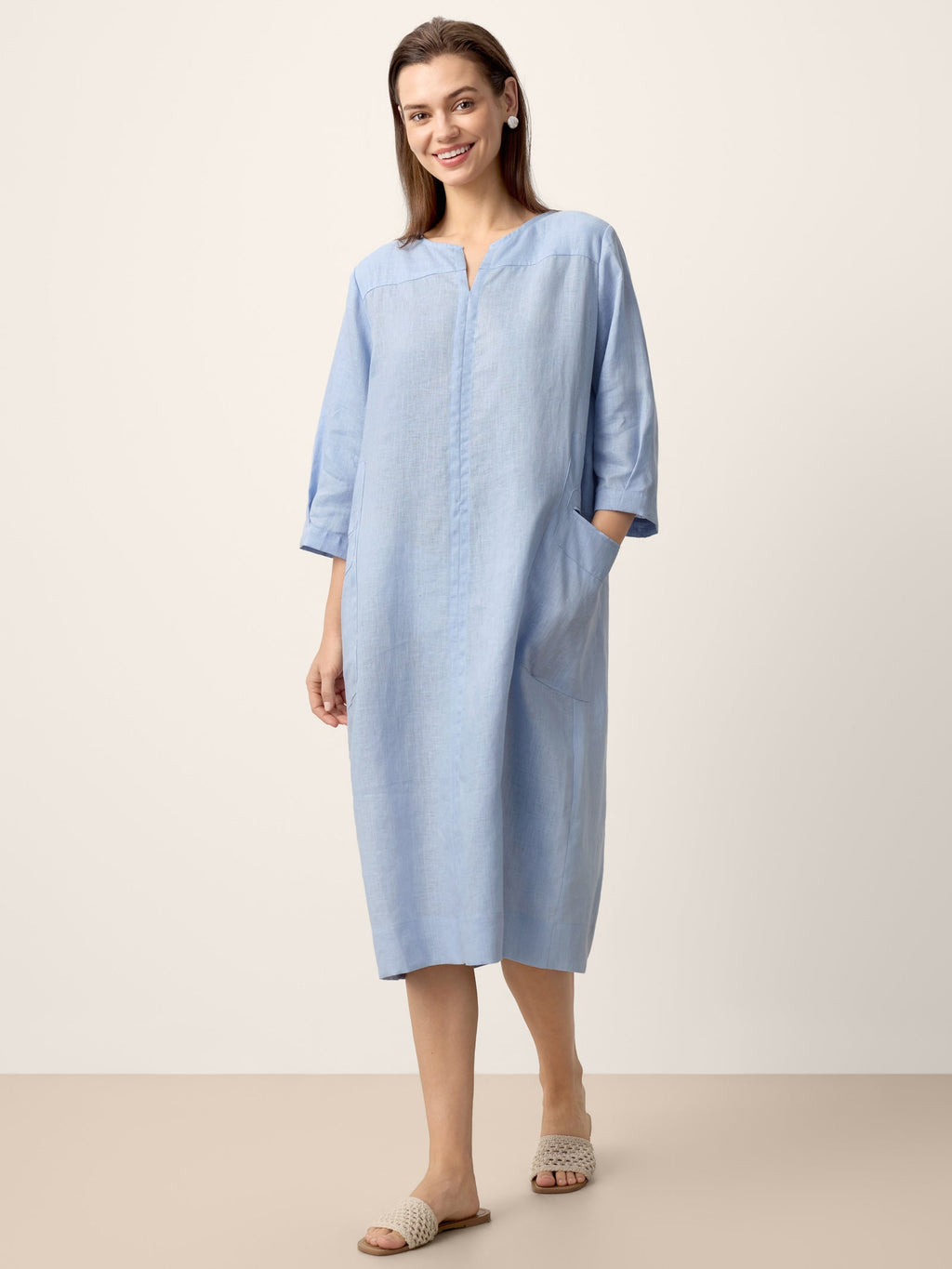 100% Linen Split-Neck Patch-Pocket Midi Dress KALINA