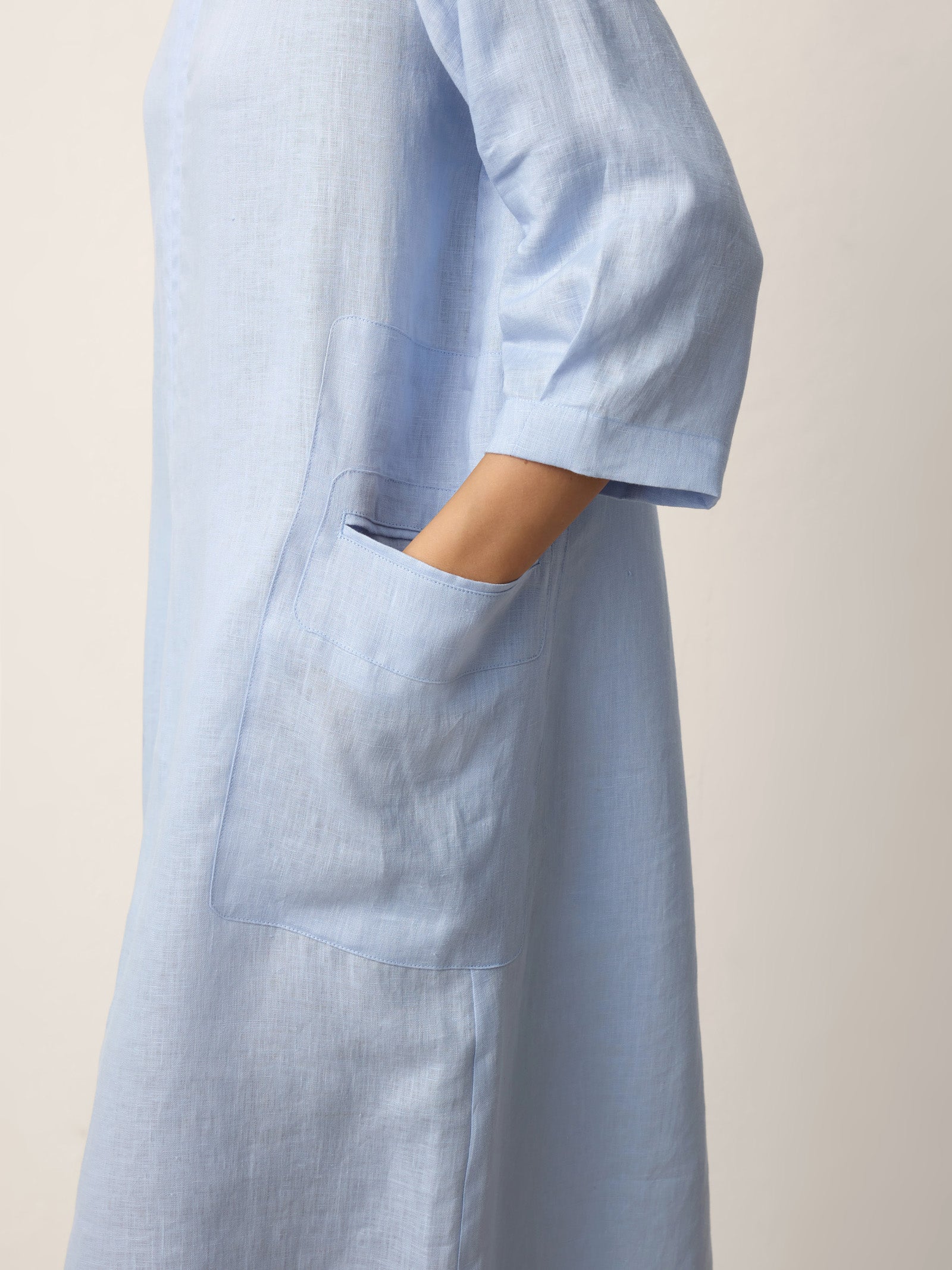 100% Linen Split-Neck Patch-Pocket Midi Dress KALINA
