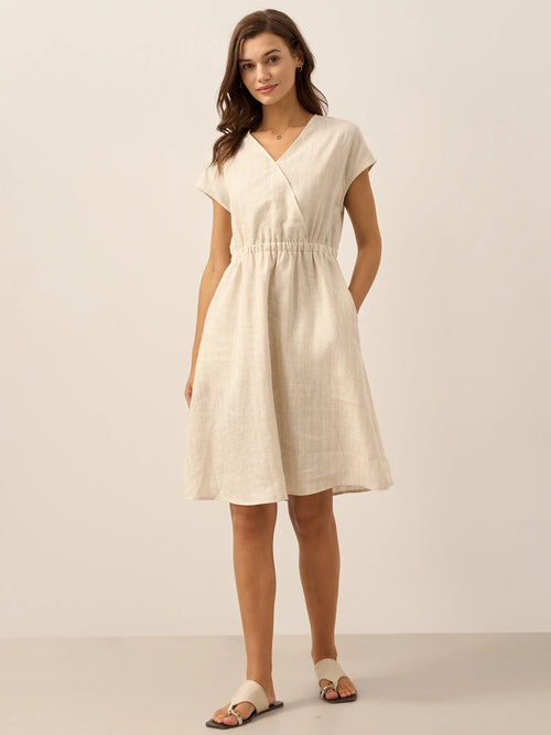 100% Linen Striped Elastic-Waist Midi Dress ARIA