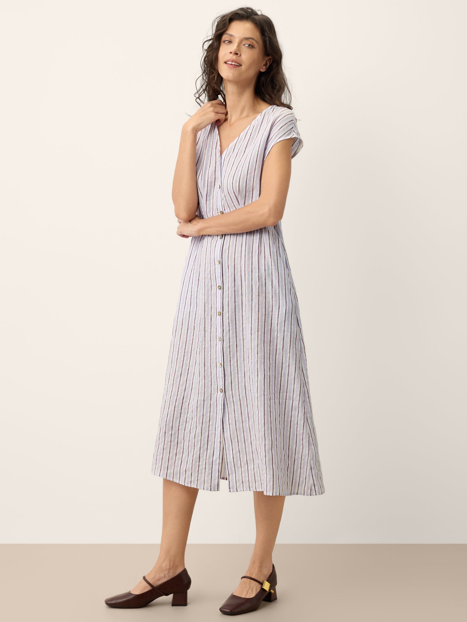 100% Linen Striped Tailored Cap Sleeve Midi Dress AGNES