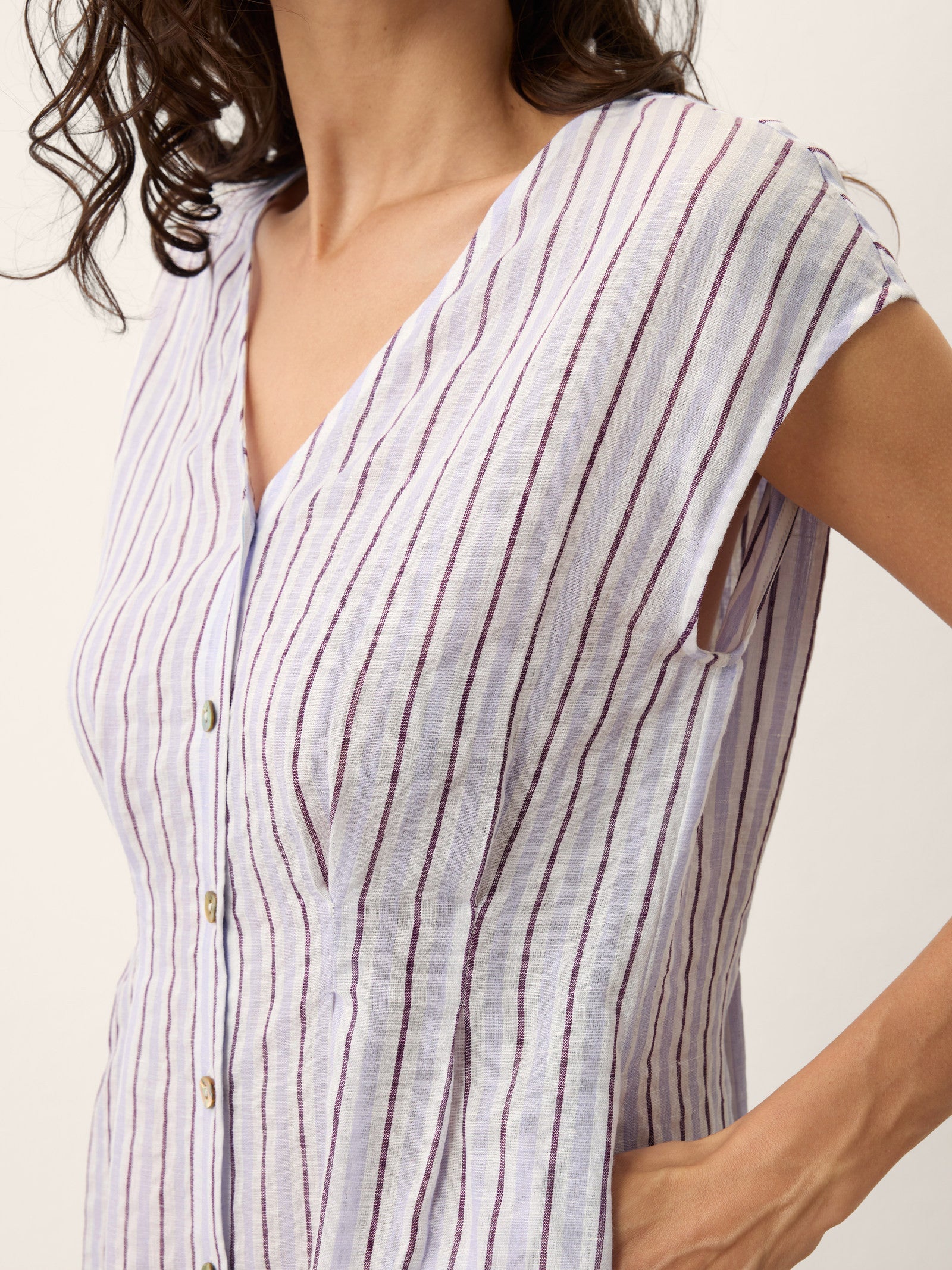 100% Linen Striped Tailored Cap Sleeve Midi Dress AGNES