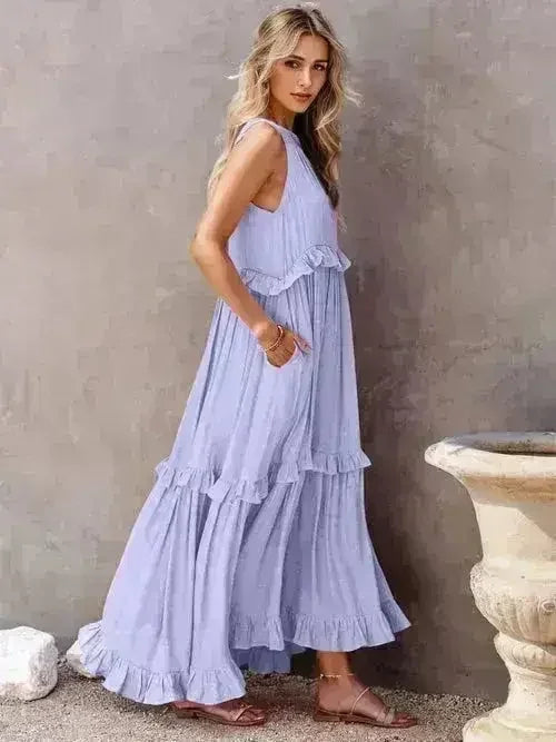 Ruffled Sleeveless Tiered Maxi Dress with Pockets