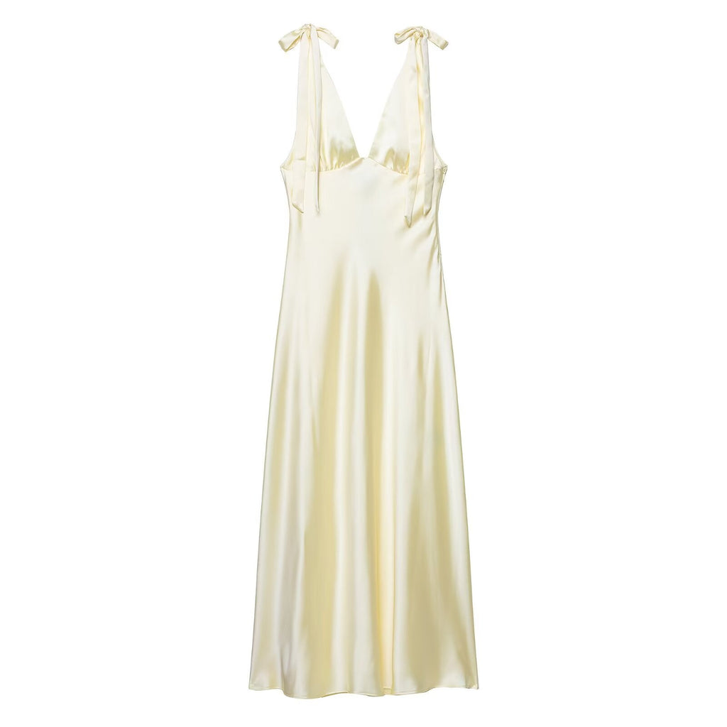 Summer Women Clothing Sexy Bowknot Decoration Silk Satin Texture Midi Dress