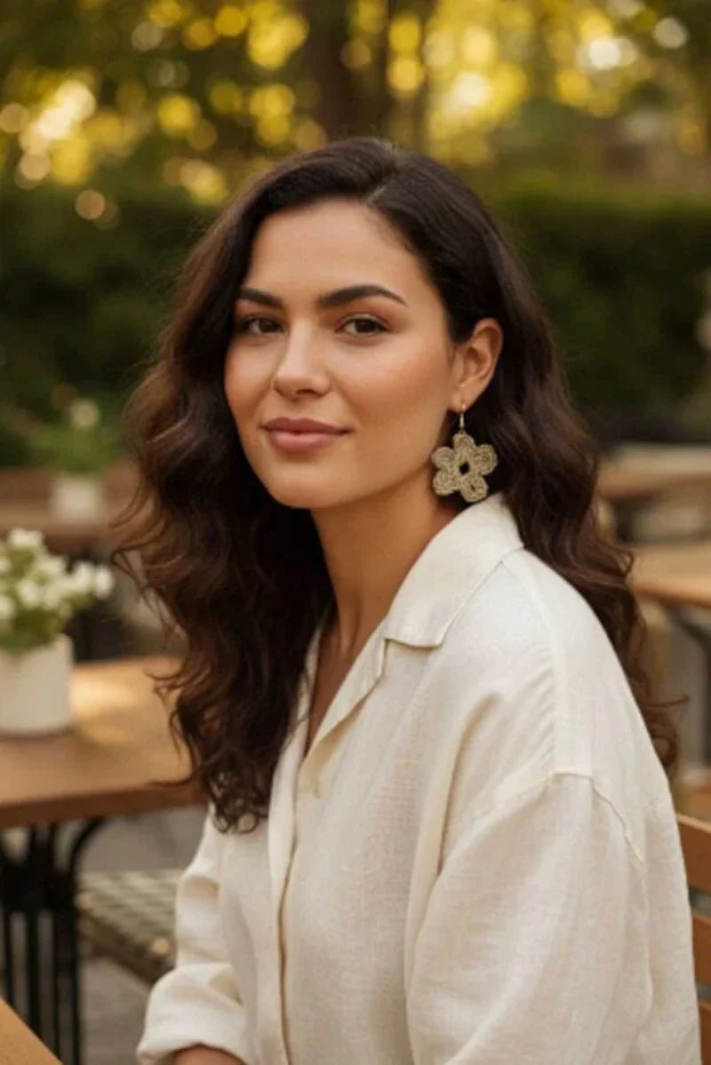 Women’s Handmade Raffia Flower Earrings – Crochet Boho Dangle Design