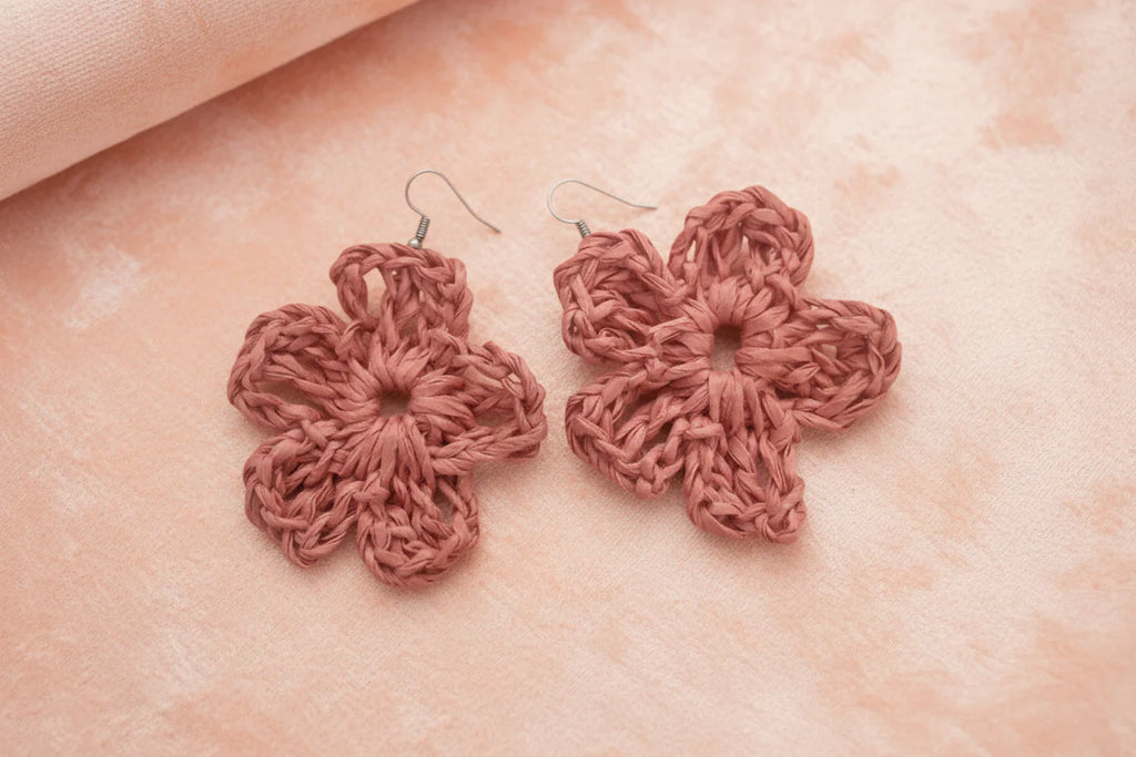 Women’s Handmade Raffia Flower Earrings – Crochet Boho Dangle Design
