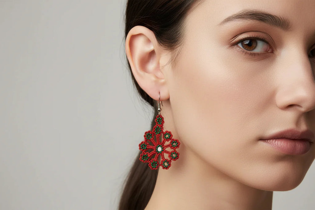 Women’s Handmade Red & Green Daisy Earrings – Artisan Floral Design