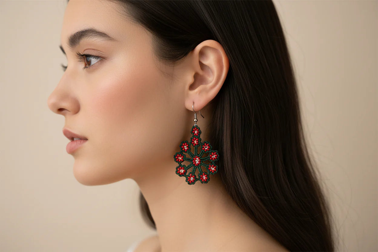 Women’s Handmade Red & Green Daisy Earrings – Artisan Floral Design