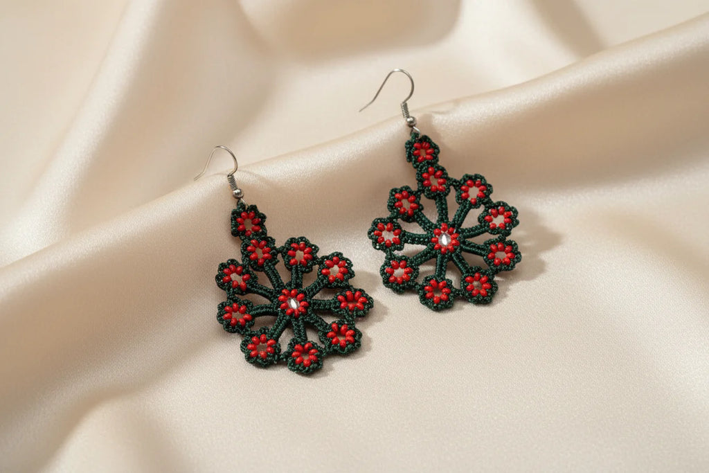 Women’s Handmade Red & Green Daisy Earrings – Artisan Floral Design