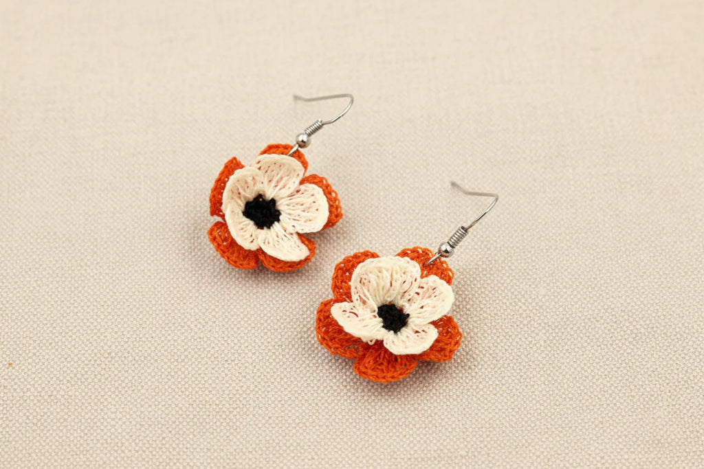Women’s Handmade Orange & Violet Crochet Earrings – Floral Thread Drop Design