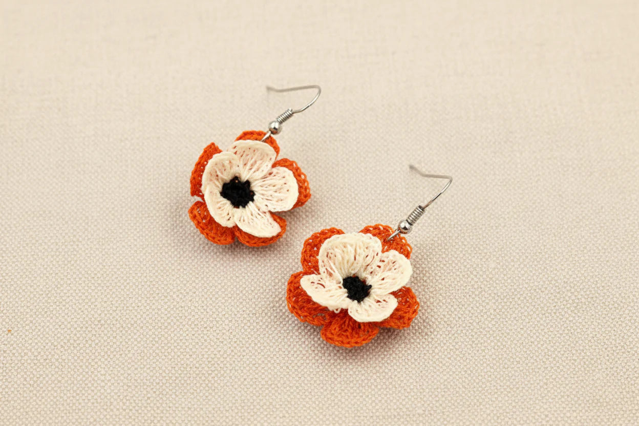 Women’s Handmade Orange & Violet Crochet Earrings – Floral Thread Drop Design