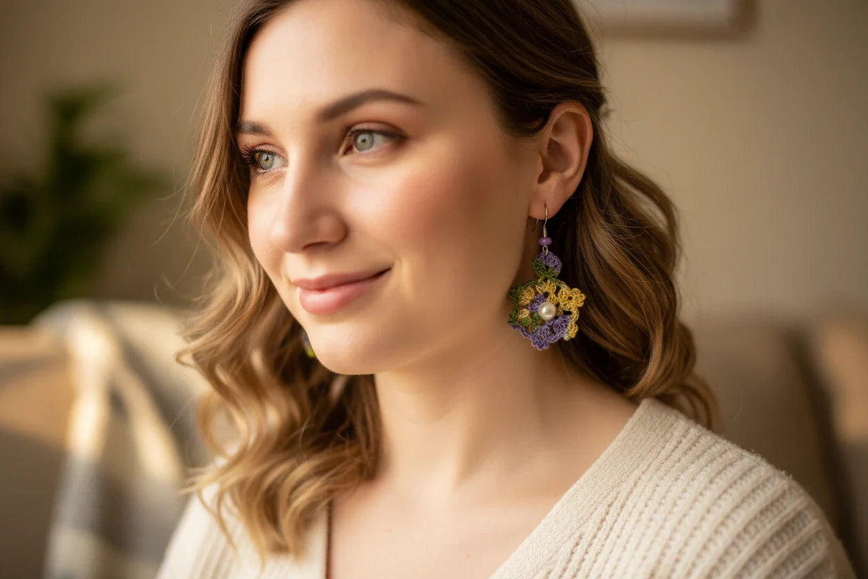 Women’s Handmade Vintage Crochet Fan Earrings – Pearl Bead Boho Style