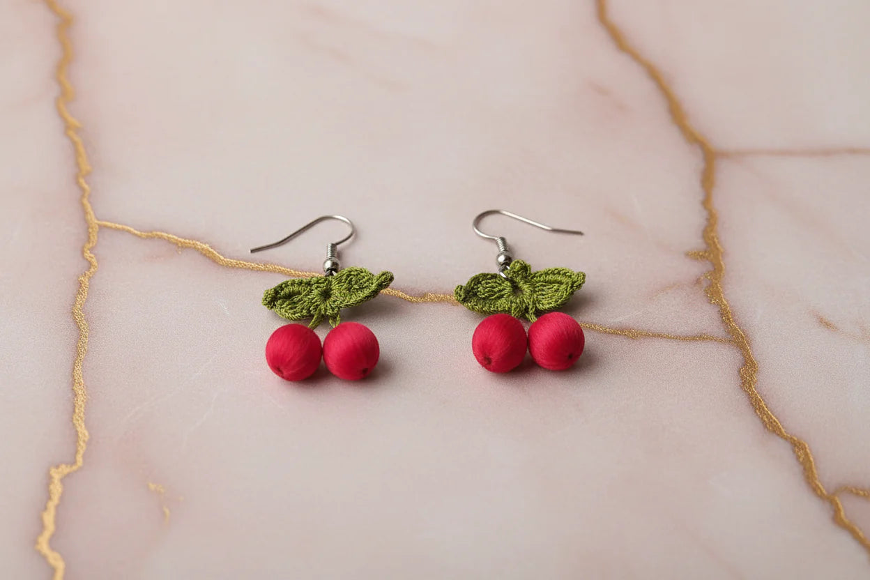 Handmade Cherry Oya Needle Lace Earrings for Women – Boho Style