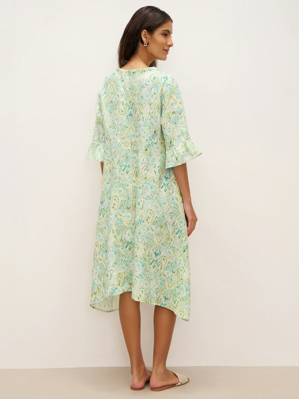 100% Linen A-Line Ruffled Collar Tie-Neck Midi Dress LIVIA