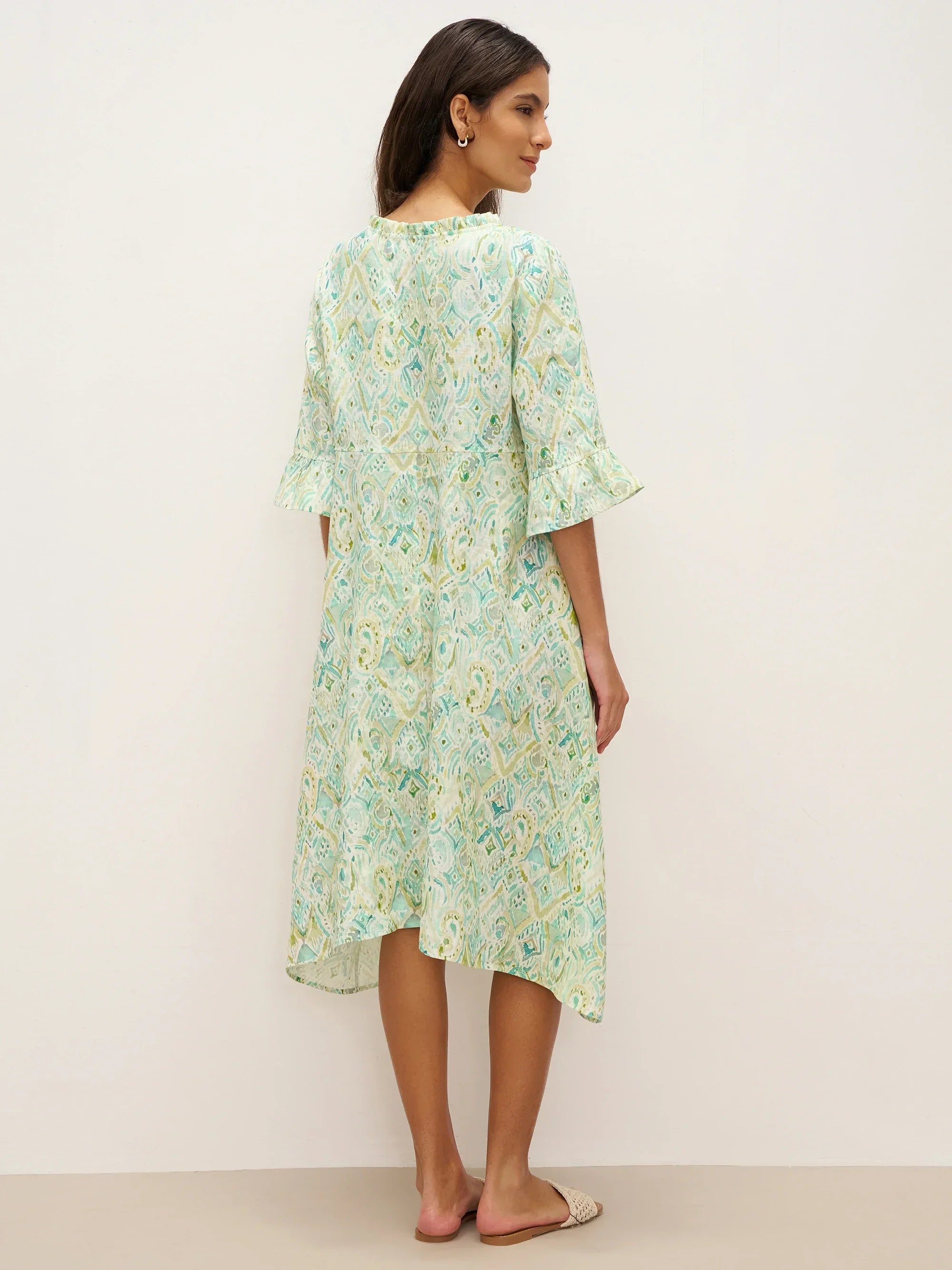 100% Linen A-Line Ruffled Collar Tie-Neck Midi Dress LIVIA