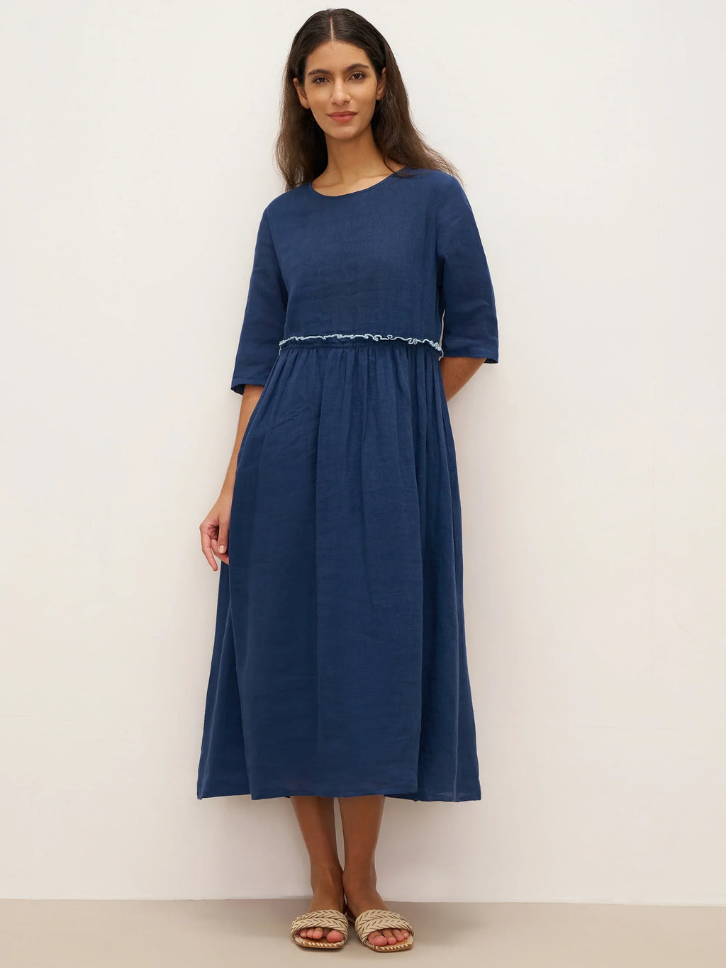 100% Linen Petal-Waist Drawstring Midi Dress JASMINE