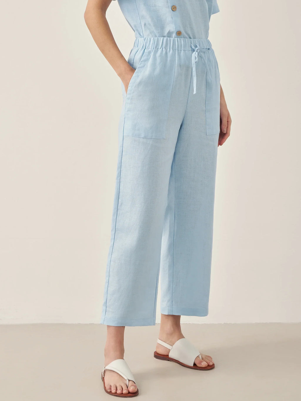 100% Linen Short-Sleeve Round Neck Button Detail Top & Pants Set JOSIE