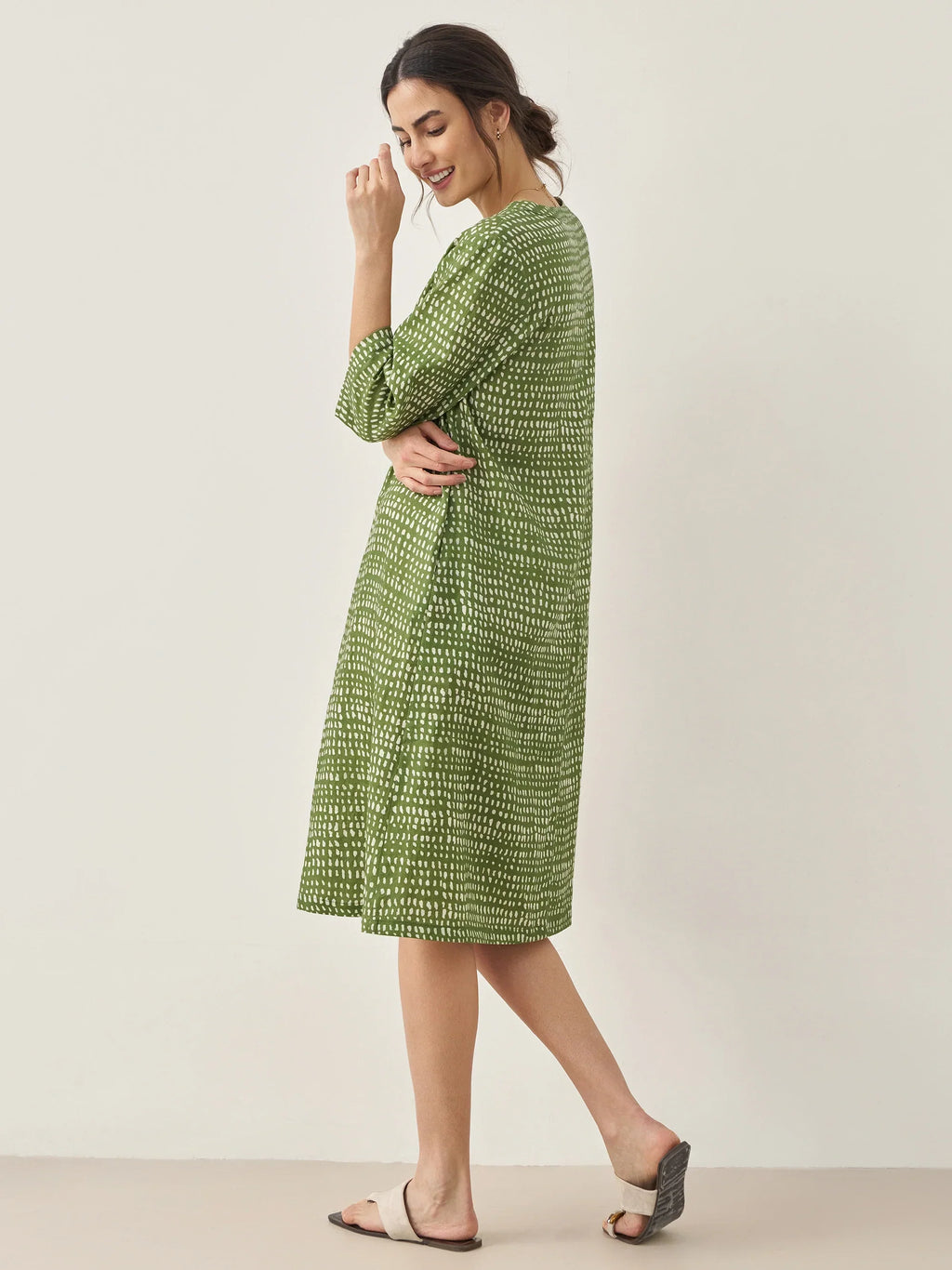 100% Linen V-Neck Dot Midi Dress LIRA