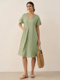 100% Linen V-Neck Pockets Swing Dress AINSLEY