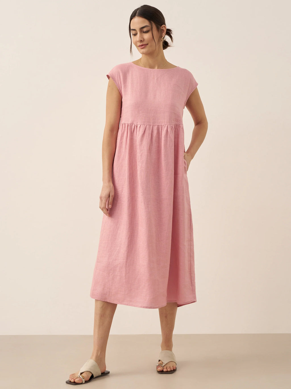 100% Linen Cap Sleeve Washed Maxi Dress JOAN