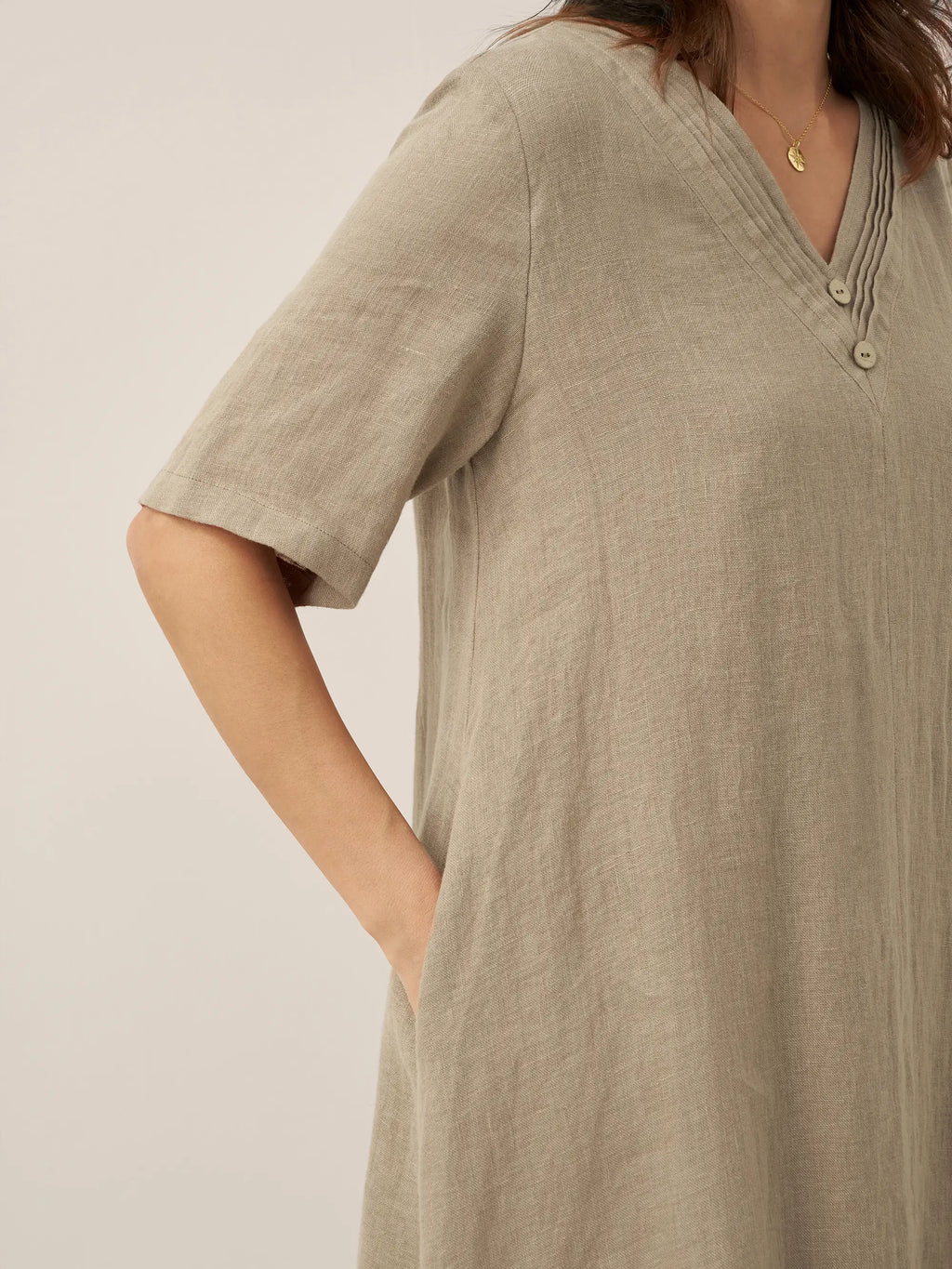 100% Linen V-Neck Double-Layer Midi Dress JAYDA
