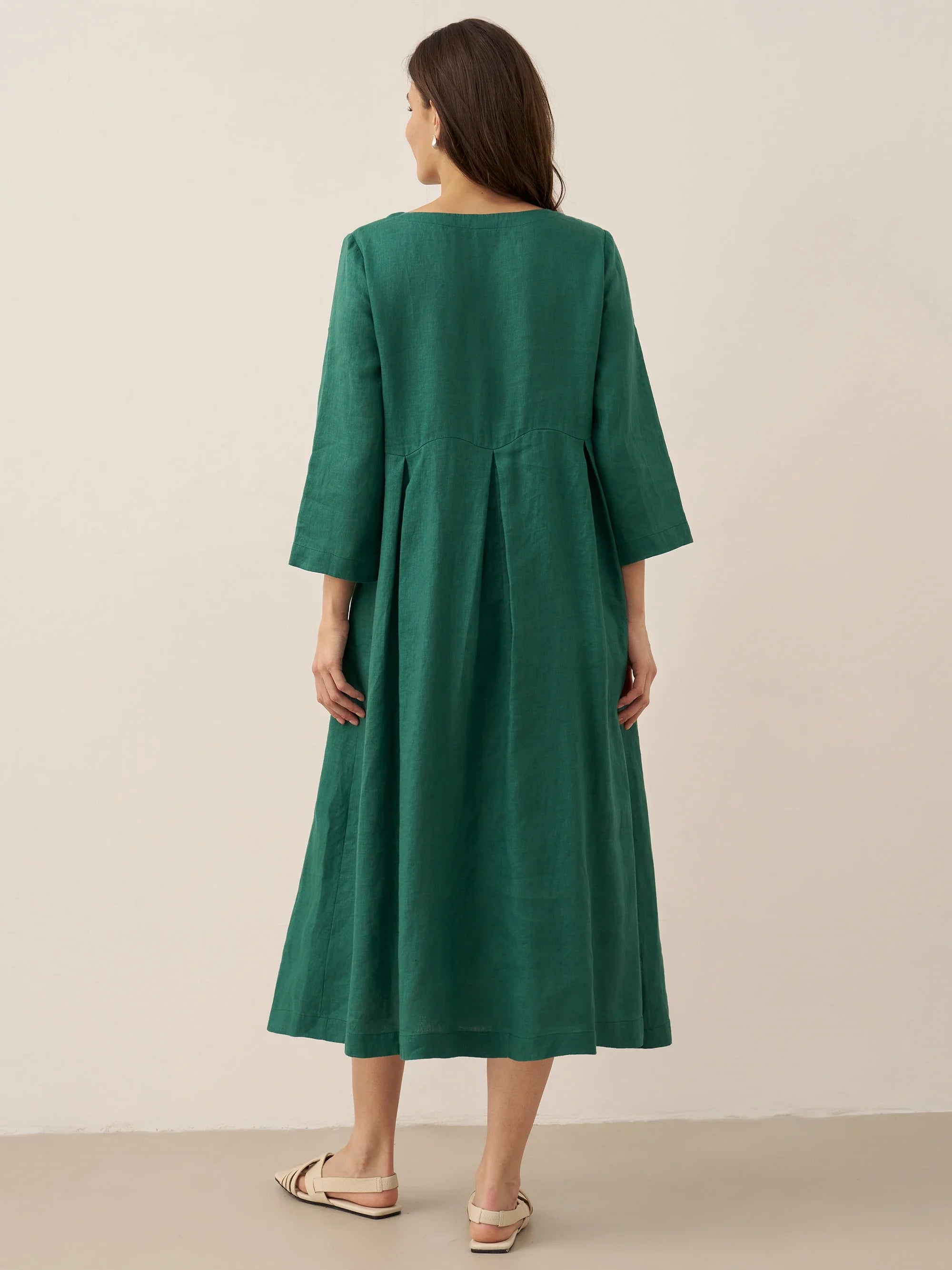 100% Linen Bateau Neck Pleated Maxi Dress