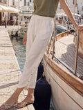 100% Linen Double Pleat Button Hem Pull-On Pants LINDSEY