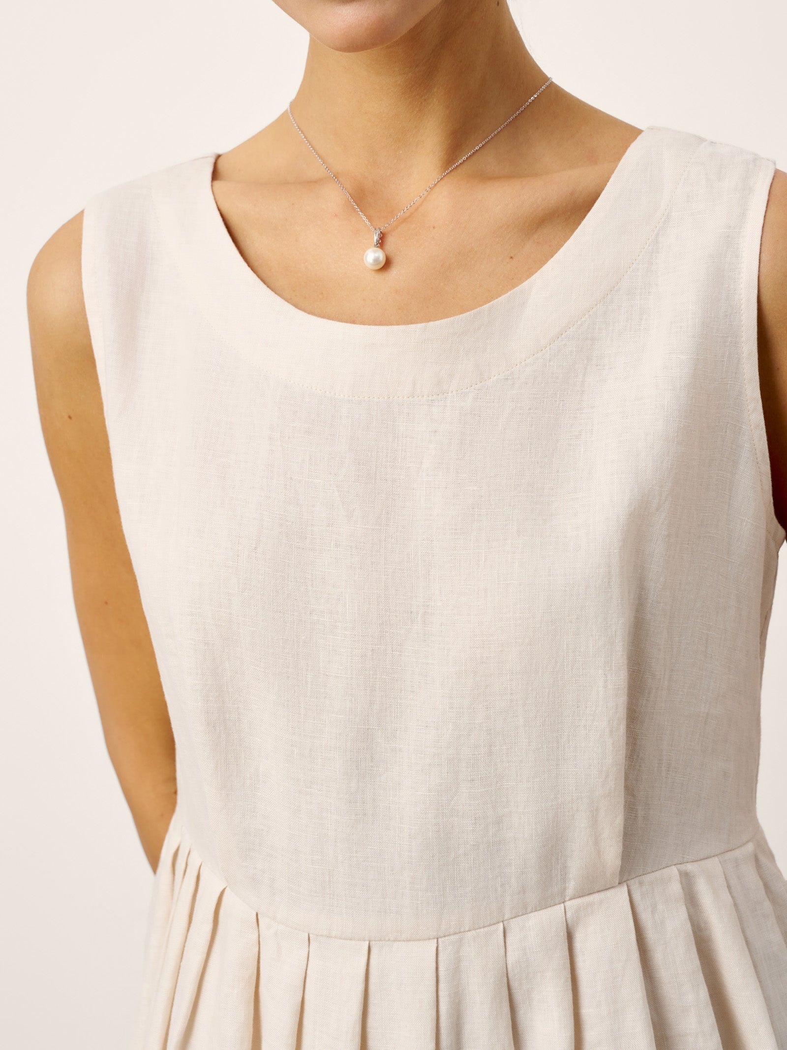 100% Linen Sleeveless Crew Neck Waist Pleated Maxi Dress SELENE