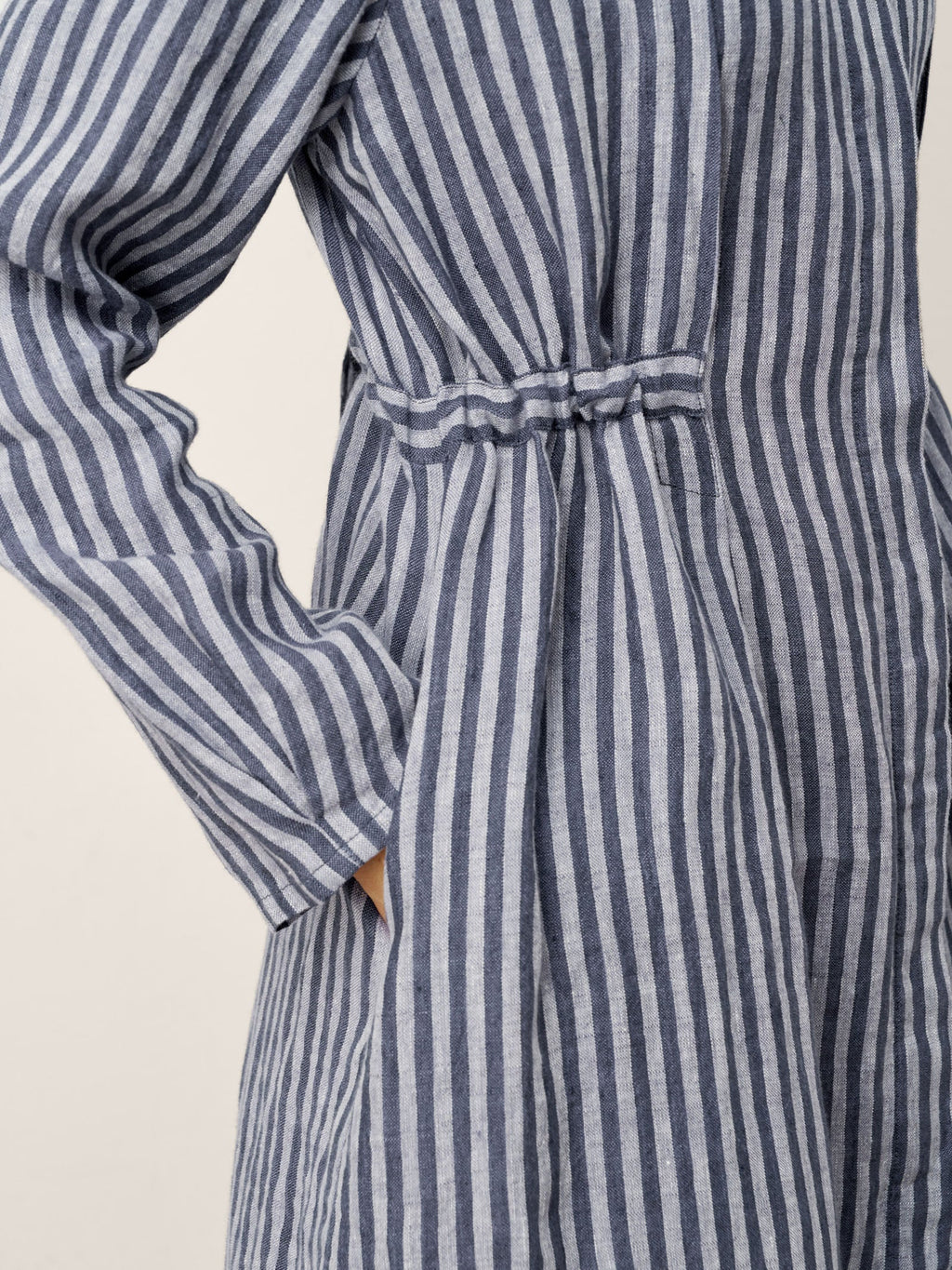 100% Linen Striped Back Drawstring Midi Shirt Dress ADELAIDE