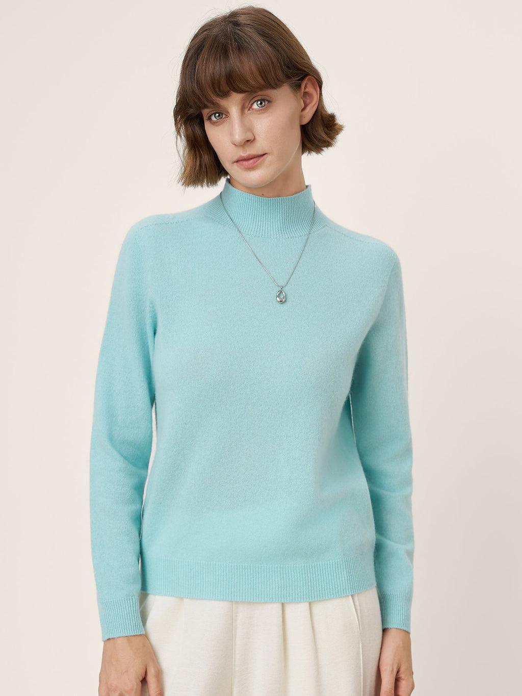 Premium Cashmere Blend Hand-Finished Seamless Mock Neck Ribbed Sweater RHEA