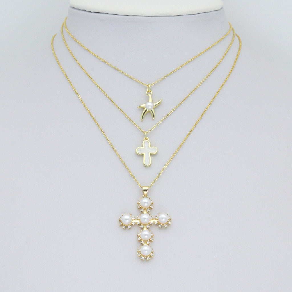 White Pearl Heart White Cross Shell Starfish Charm Pendant,Sku#LD746