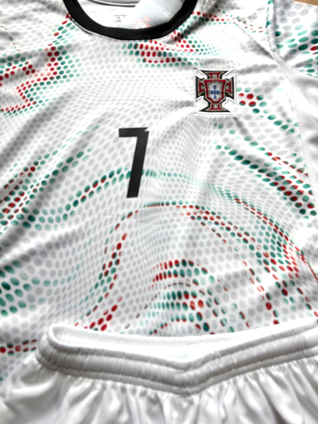 Ronaldo Portugal 2025 Away White Kids Soccer Jersey Kit 2 Piece Set