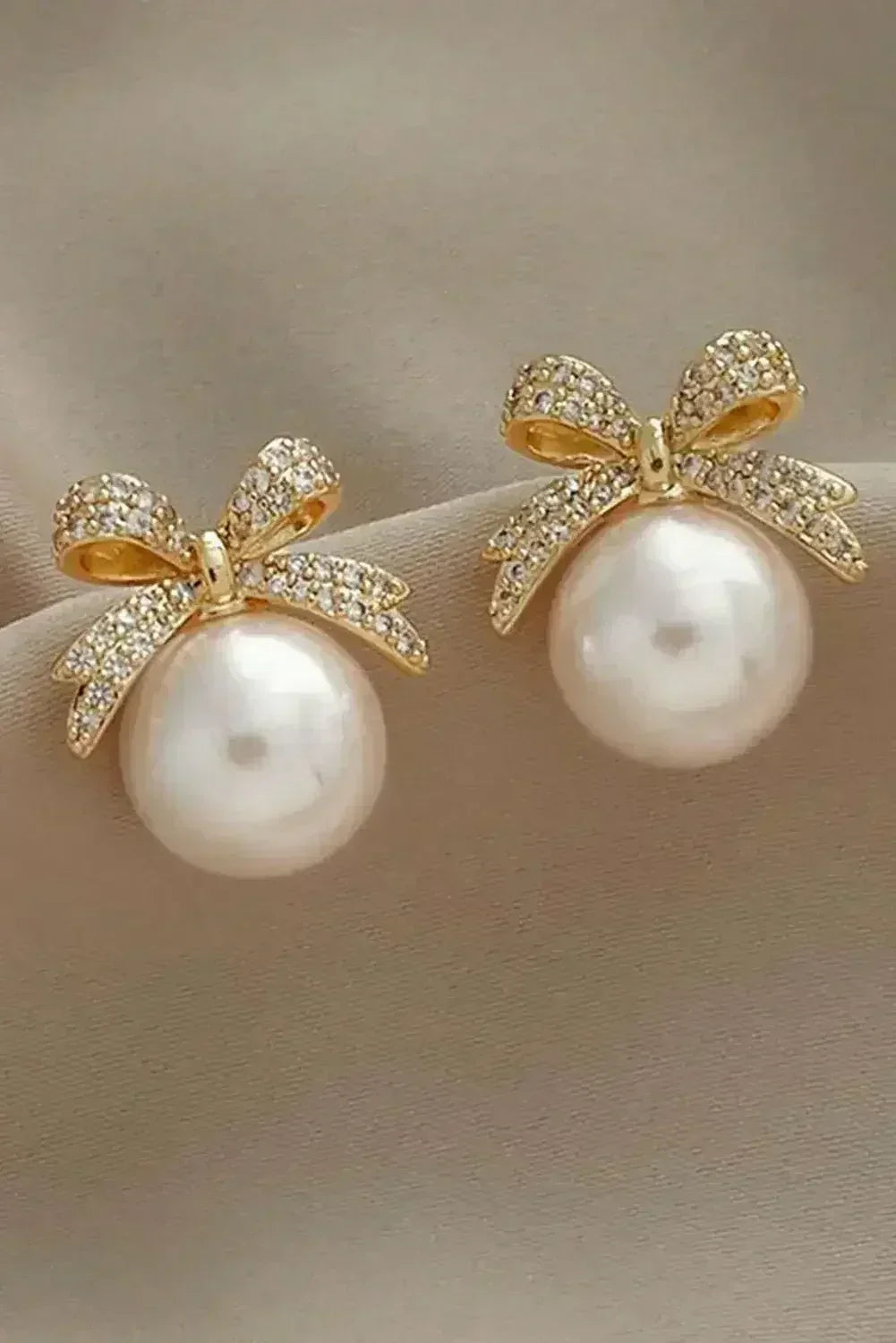 Gold Bowknot Pearl Earrings | Rhinestone Accent Jewelry - Femstylo